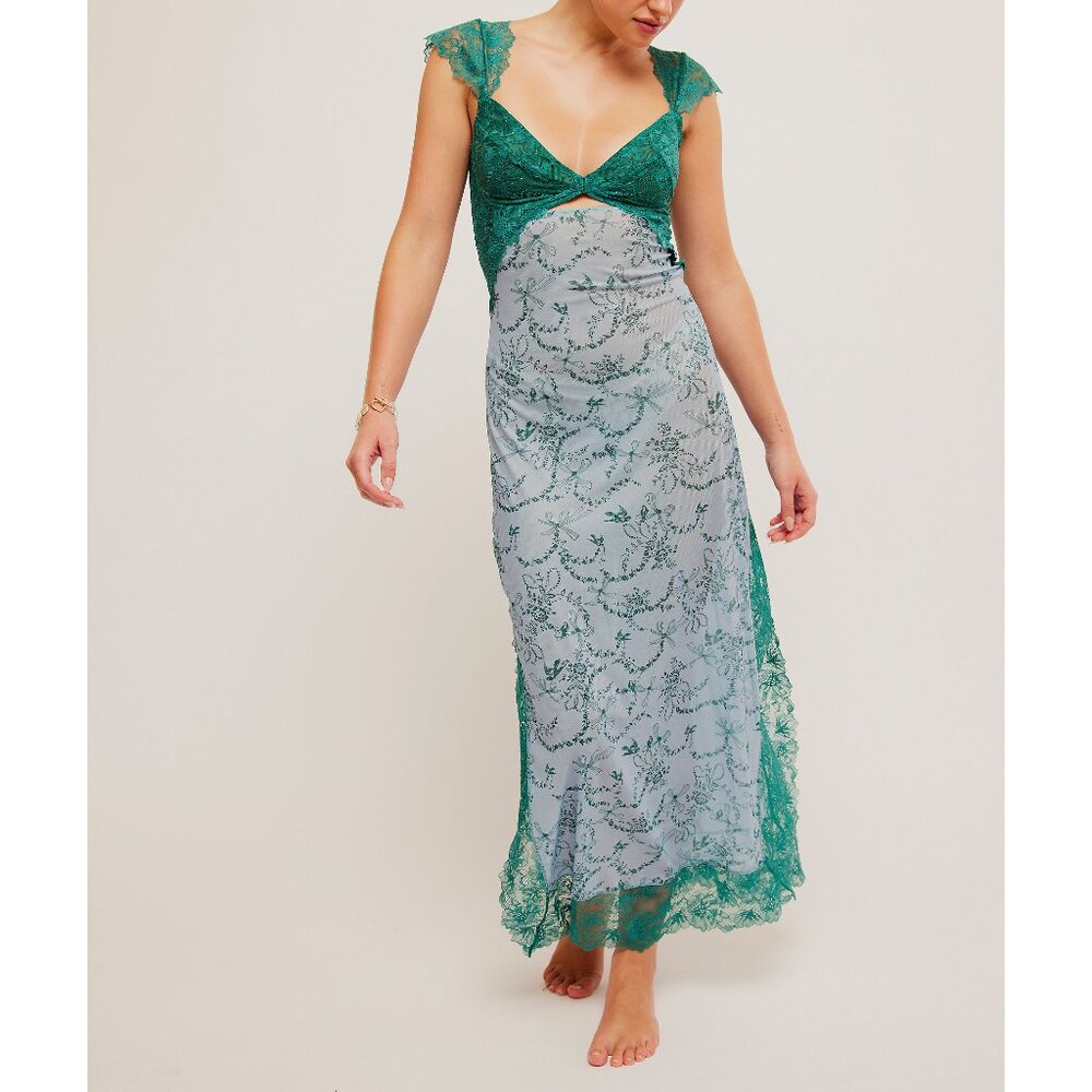 Free People Emerald Green & Light Blue Lace Slip Dress